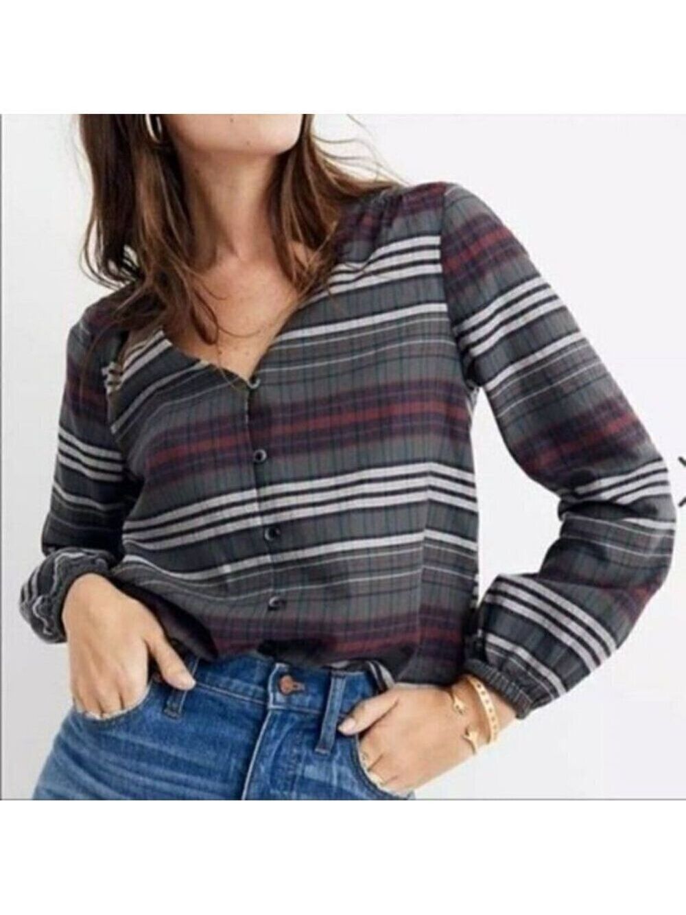 Madewell Pineview Plaid Flannel Shirt V Neck Button Up Long Sleeve Green  S